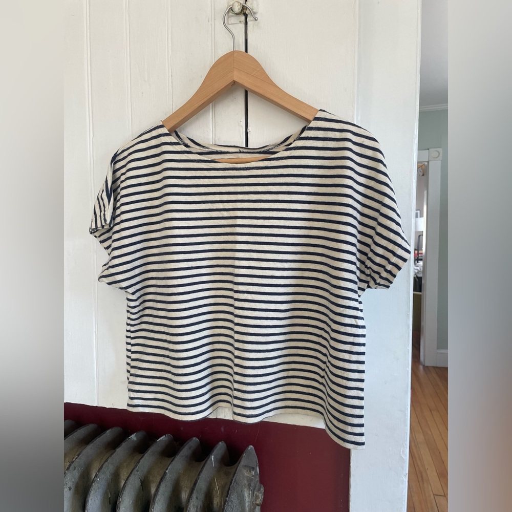 Conscious Clothing navy and cream striped Saturday Tee in medium